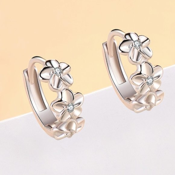 925 Sterling Silver Flower Huggie Hoop Earrings Small Silver Earrings - Picture 2 of 4